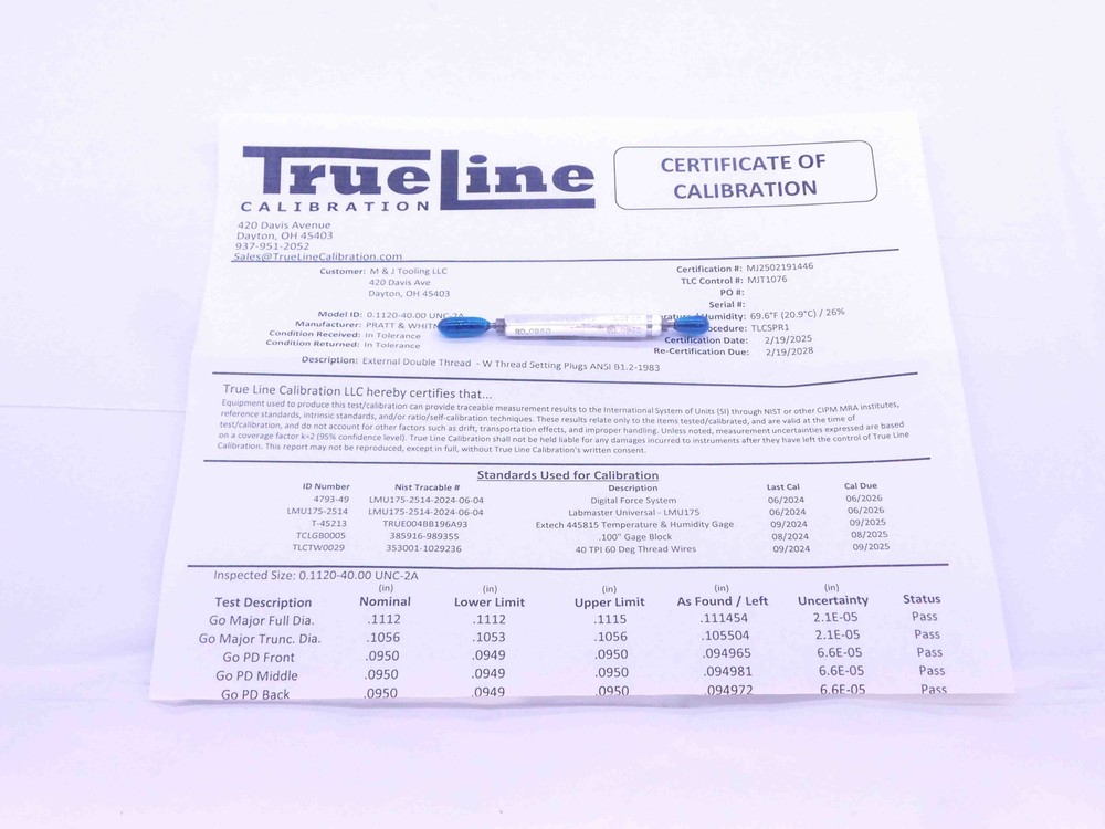 CERTIFIED 4 40 UNC 2A SET THREAD PLUG GAGE #4 .112 GO NO GO PDS= .0950 & .0925
