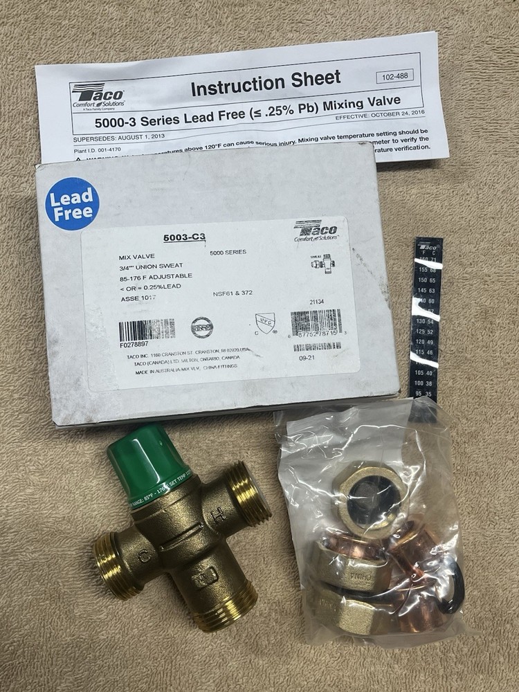 Taco Lead Free Mixing Valve Brass 3/4″ Union Sweat 5003-C3; 85-176 degrees F