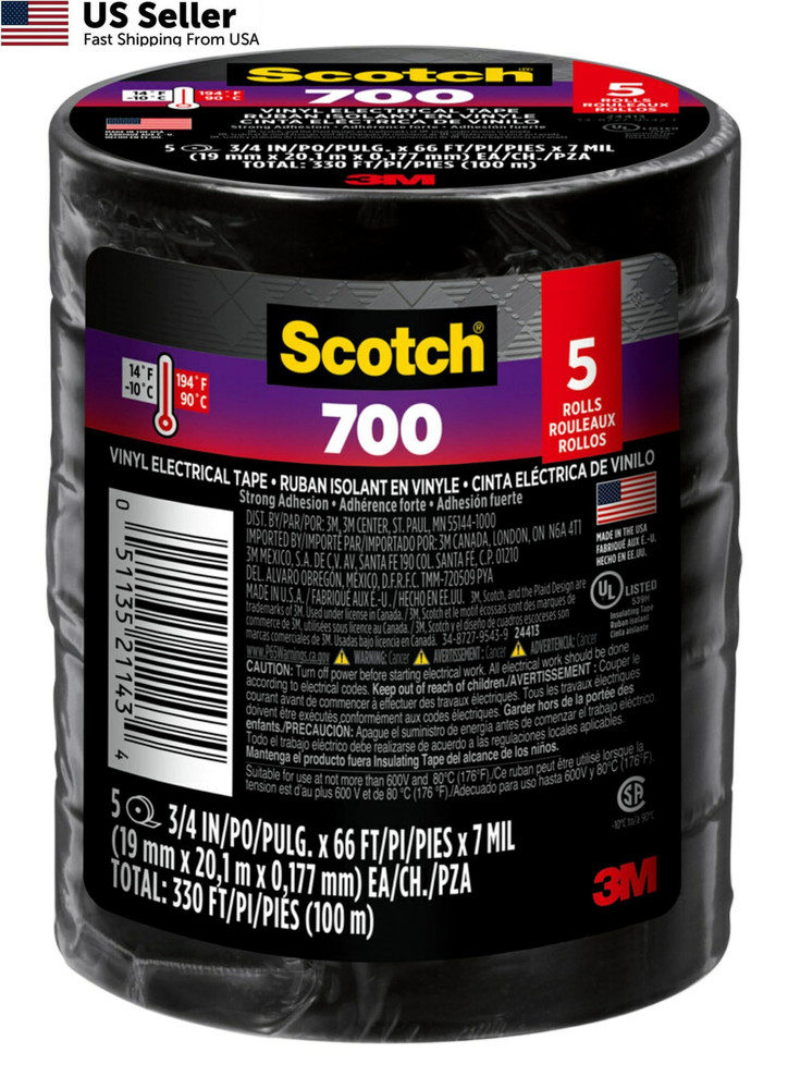 Scotch Vinyl 700 Electrical Tape 5 Rolls Black 3/4-in x 66-ft Commercial FROM US