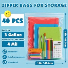 40 Pack Large 3 Gallon Storage Bags with Zipper Top, 16 x 18 inch Zipper Bags…