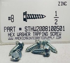 #8×1/2 Hex Washer Head Tapping Screws Steel Zinc Plated (100)