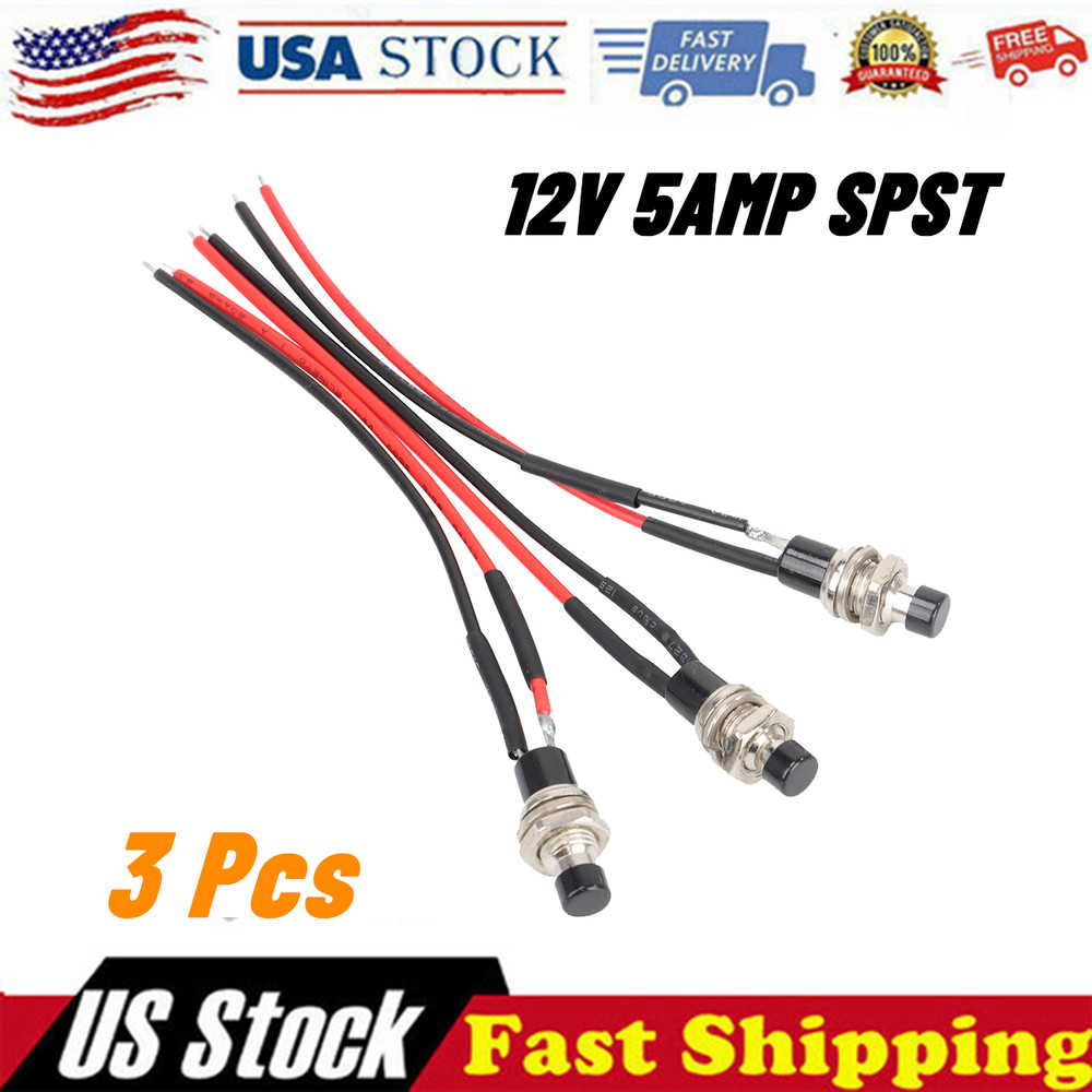 3 Pack Mini Push Button Pre-Wired Momentary N/O OFF-ON Switch Plug 12V 5AMP SPST