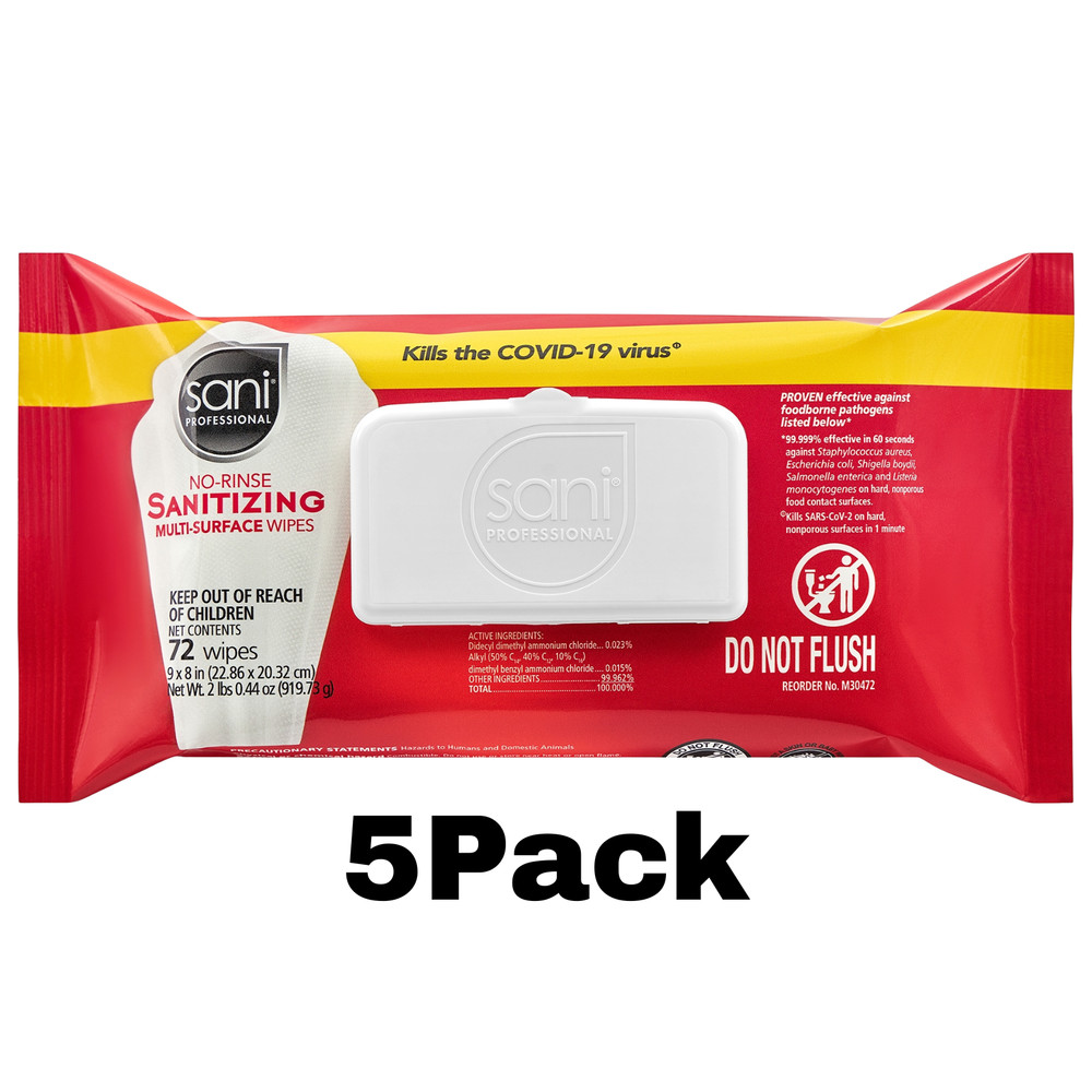 Sani Professional No-Rinse Sanitizing Multi-Surface Wipes, White 72ct 5 Pack