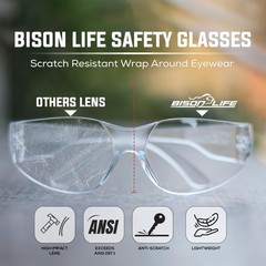 BISON LIFE Safety Glasses, One Size, Clear Protective Polycarbonate Lens – C…
