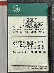GE 20A 3 Pole 600V Circuit Breaker THED136020