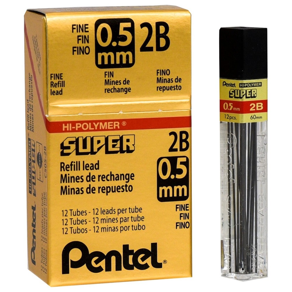 Pentel C505-2B 0.5mm 2B Super Hi-Polymer Lead, Box of 12 Tubes