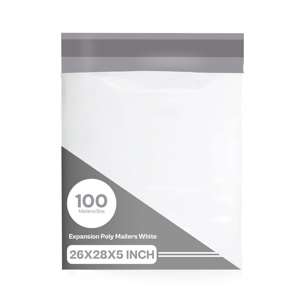 100/Cs 26x28x5 Expansion Poly Mailers 3 Mil, White/Grey, Tamper/Water Proof Bags