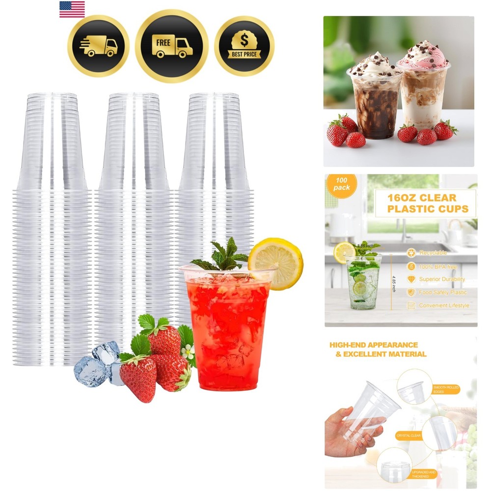 100 Count – 16 Ounce Plastic Cups, Ice Coffee Cups To Go – Crystal Clear PET …