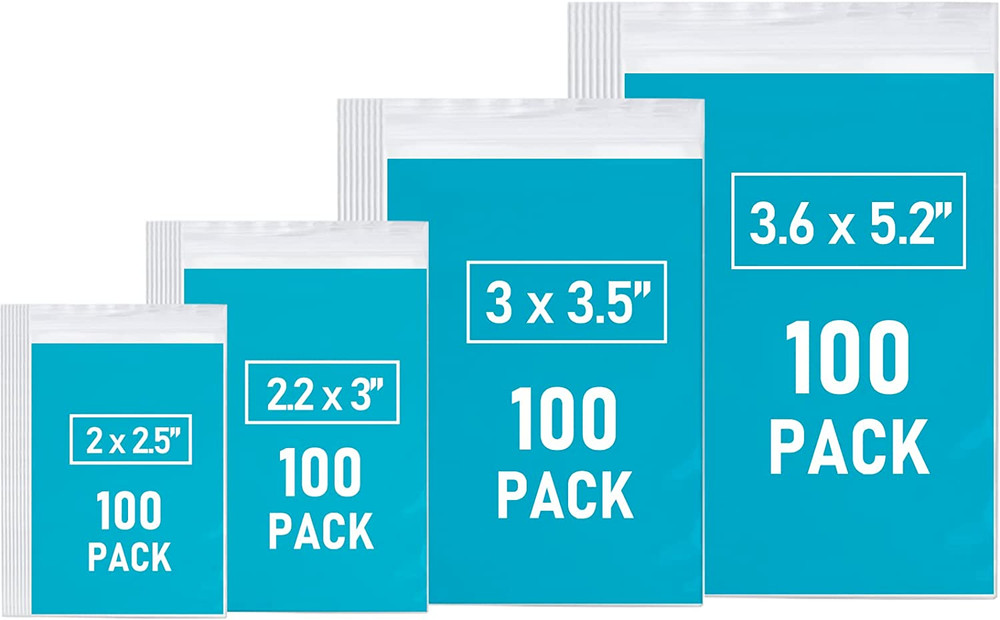 400PCS Small Resealable Plastic Bags With Labels – Assorted Sizes for Storage an