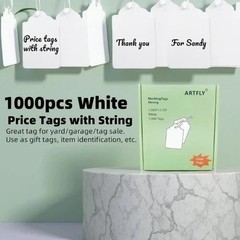 1000 Blank White Merchandise Price Tags with Strings Size #5 Retail Strung Labe