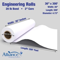 Alliance Wide Format Paper CAD Bond Rolls (20Lb | 2 Rolls, 36 in X 300 Ft | 3″ C