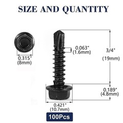 #10 x 3/4″ Sheet Metal Screws 100PCS 410 Stainless Steel Hex Washer Head Tek …