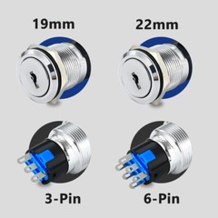 19mm Rotary Key Switch Latching 2/3 Position Selector Security Lock ON/OFF 5A