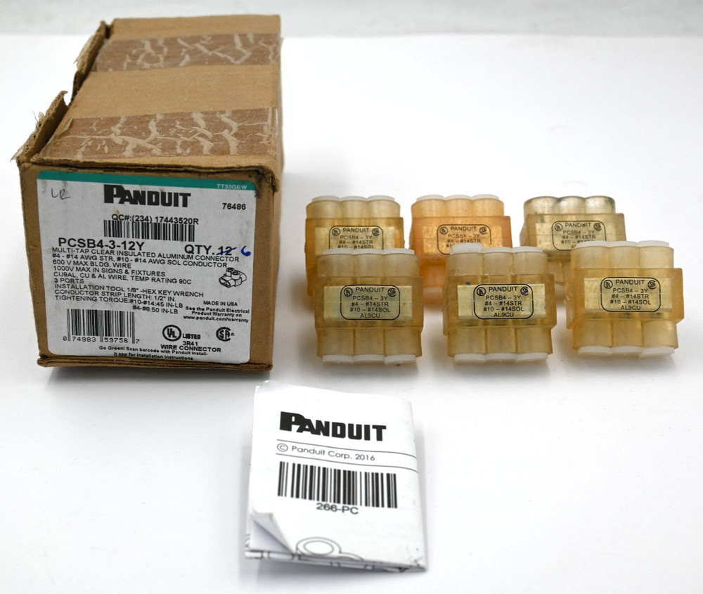 PANDUIT PCSB4-3-12Y MULTI-TAP CLEAR INSULATED ALUMINUM CONNECTOR BLOCK BOX OF 6