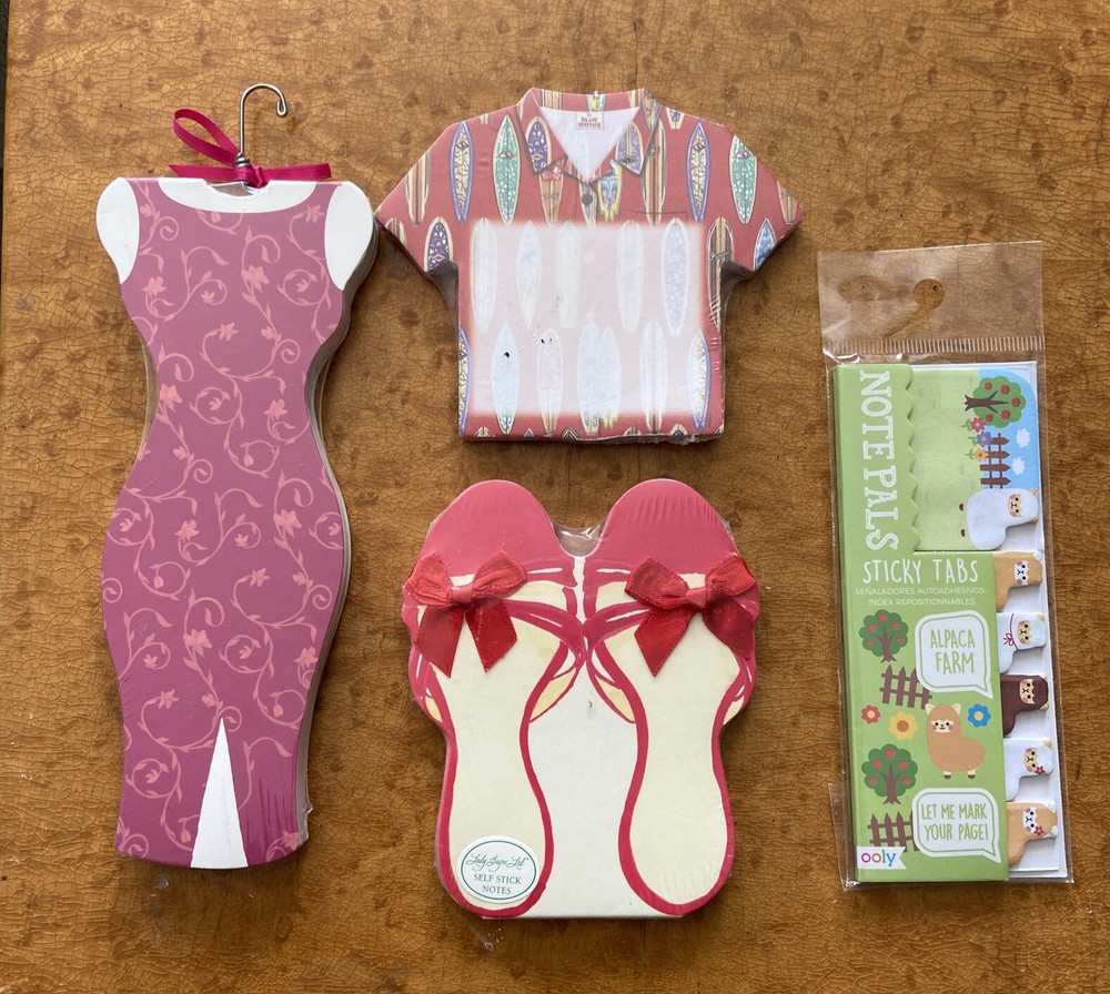 Lot Of 4 New Sticky Self Stick Note Pad Novelty Paper Shoes Aloha Shirt Dress