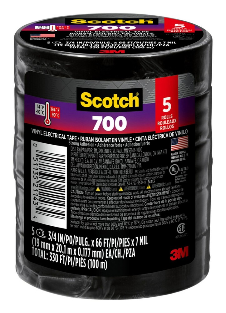 Scotch Vinyl 700 Electrical Tape, 5 Rolls, Black, 3/4-in x No Size, Black