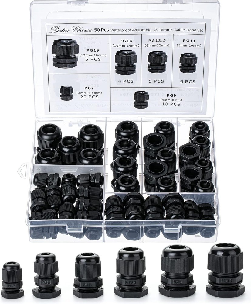 25/50 Pcs Nylon Cable Gland Waterproof Cable Connectors Black Cord Grip Plastic