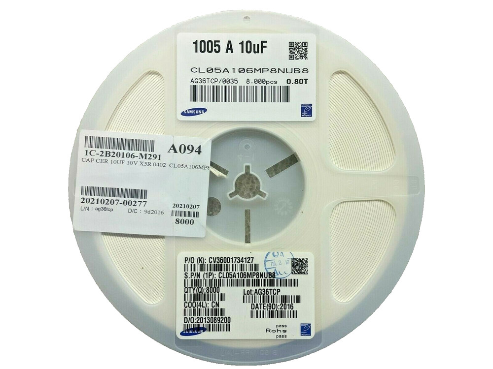 (8,000 PIECE REEL) CL05A106MP8NUB8, Cap Cer 10uF 10V X5R 20% Pad SMD 0402 85°C