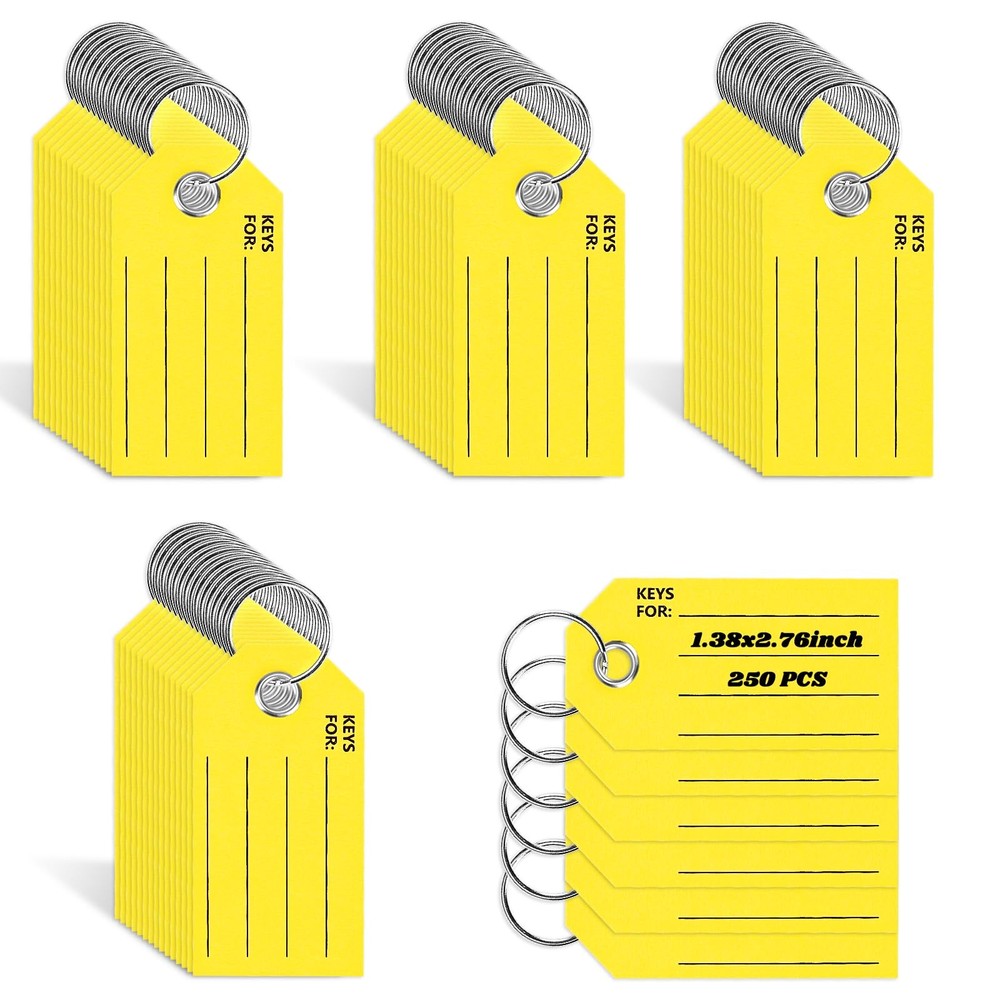 250 Pcs Yellow Key Tags with Labels and Rings: 1.38 X 2.76 Inches, 250 Labels, C