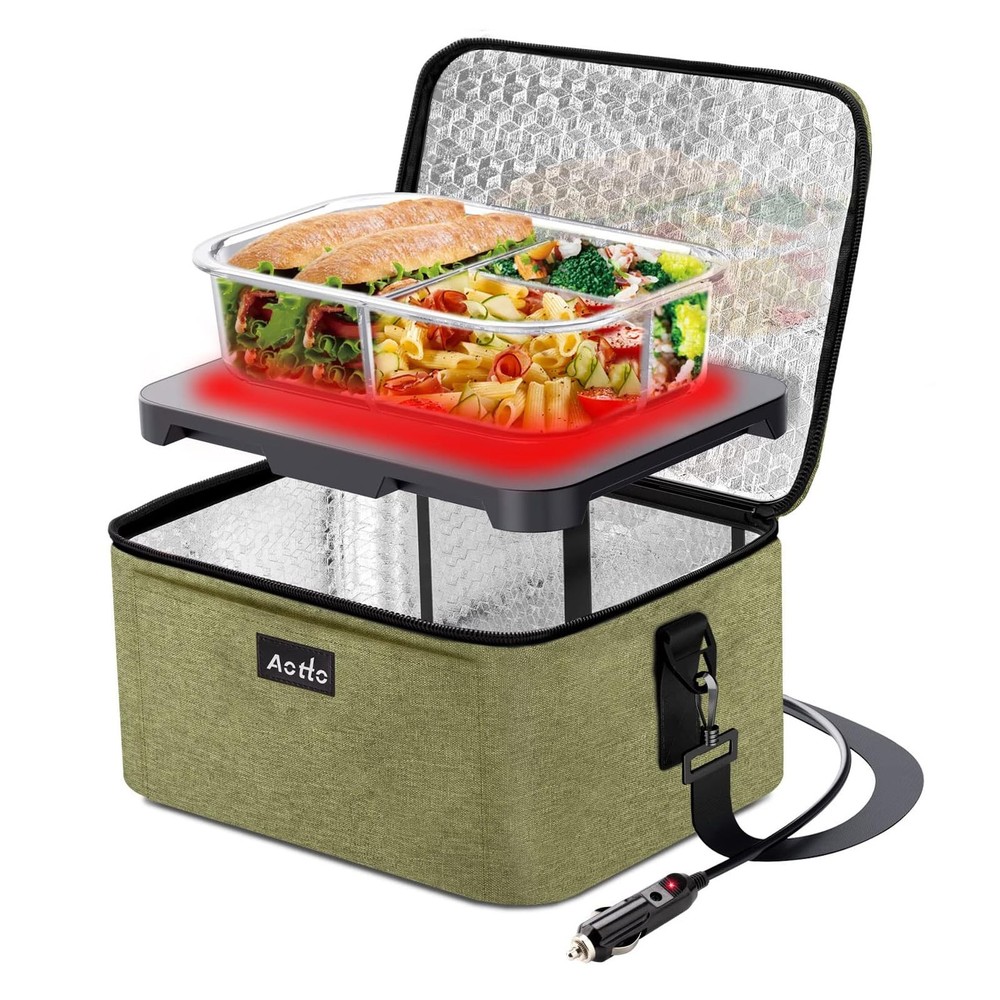 Aotto Heated Lunch Box Food Warmer – 12V/24V 10.23”L x 7.87”W x 5.51”H, Green