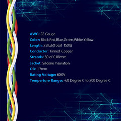 Fermerry 22 AWG Stranded Wire Spool 25Ft Each 6 Colors Flexible 22 Gauge Silicon
