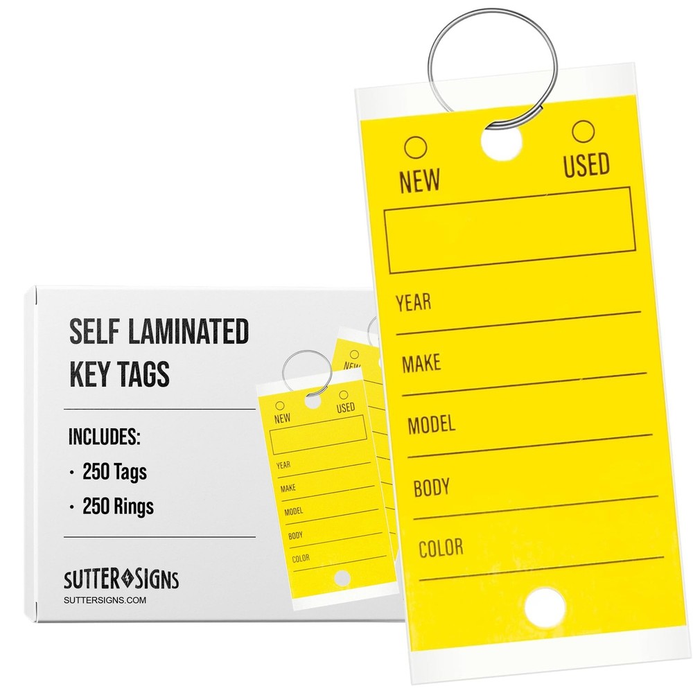 Yellow Self Laminated Car Key Tags For Dealership Lot Vehicle RV 250 PCS