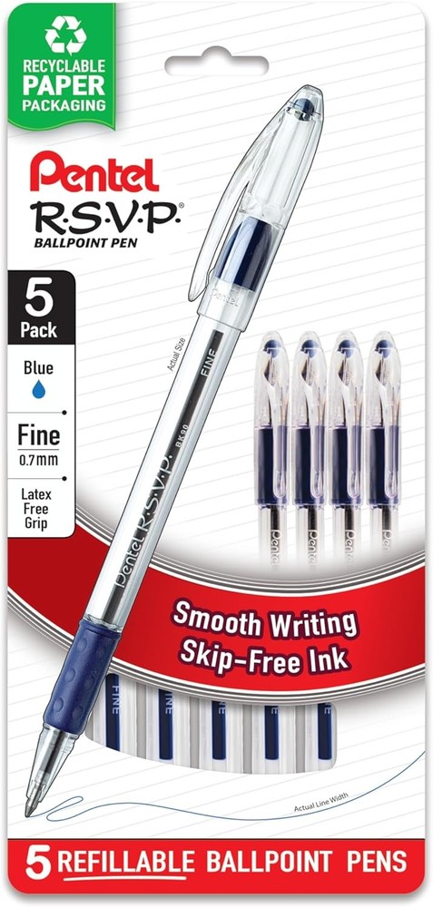 RSVP Ballpoint Pen, Fine Line, (0.7mm), Blue Ink (BK90BP5C) (Pack of 1, 5 Count