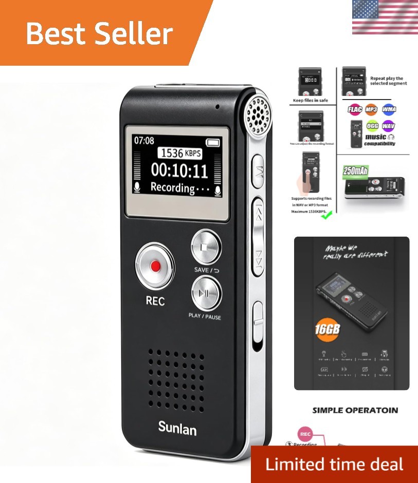USB Rechargeable Voice Recorder 16GB – Noise-Cancellation for Optimal Clarity