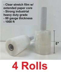4 Rolls 5″x1000′ Heavy Duty 80ga mini stretch plastic wrap film w/ paper handle