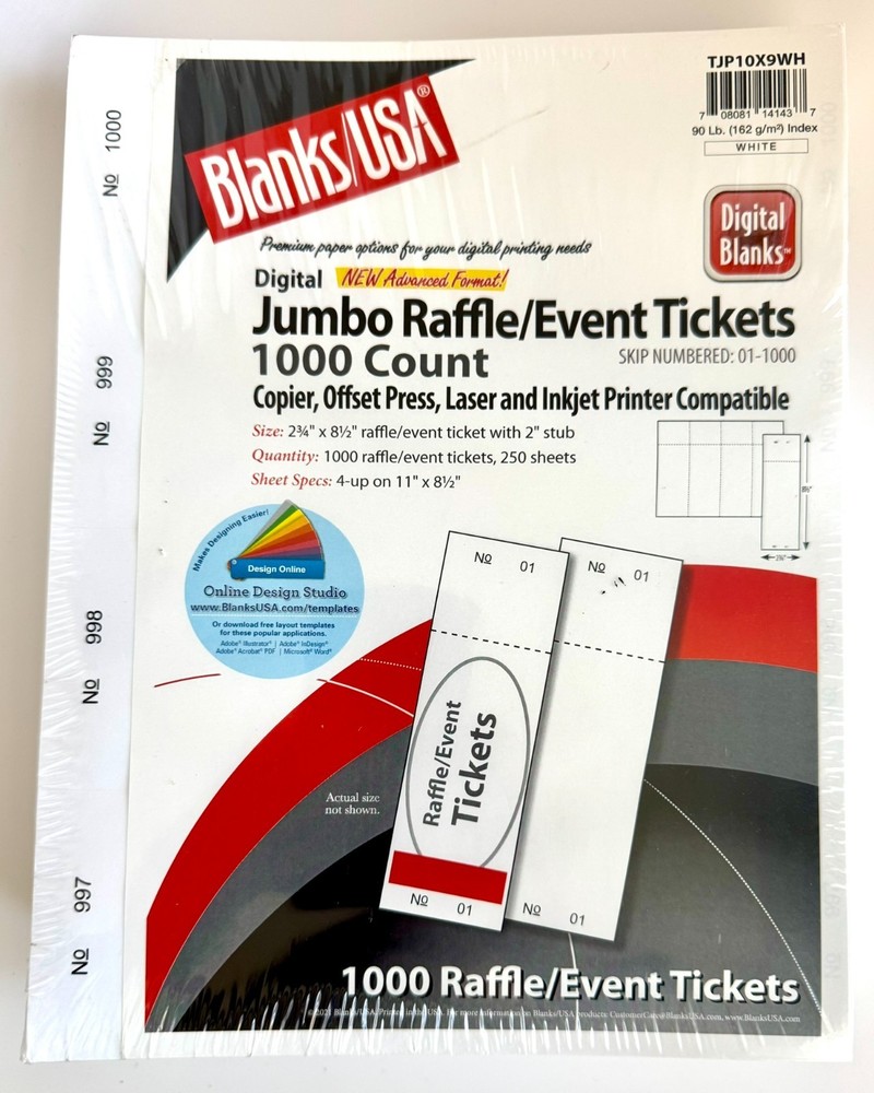 Blanks/USA 1000 Jumbo Perforated Raffle Tickets (4 per sheet) 8.5×11 250 Sheets