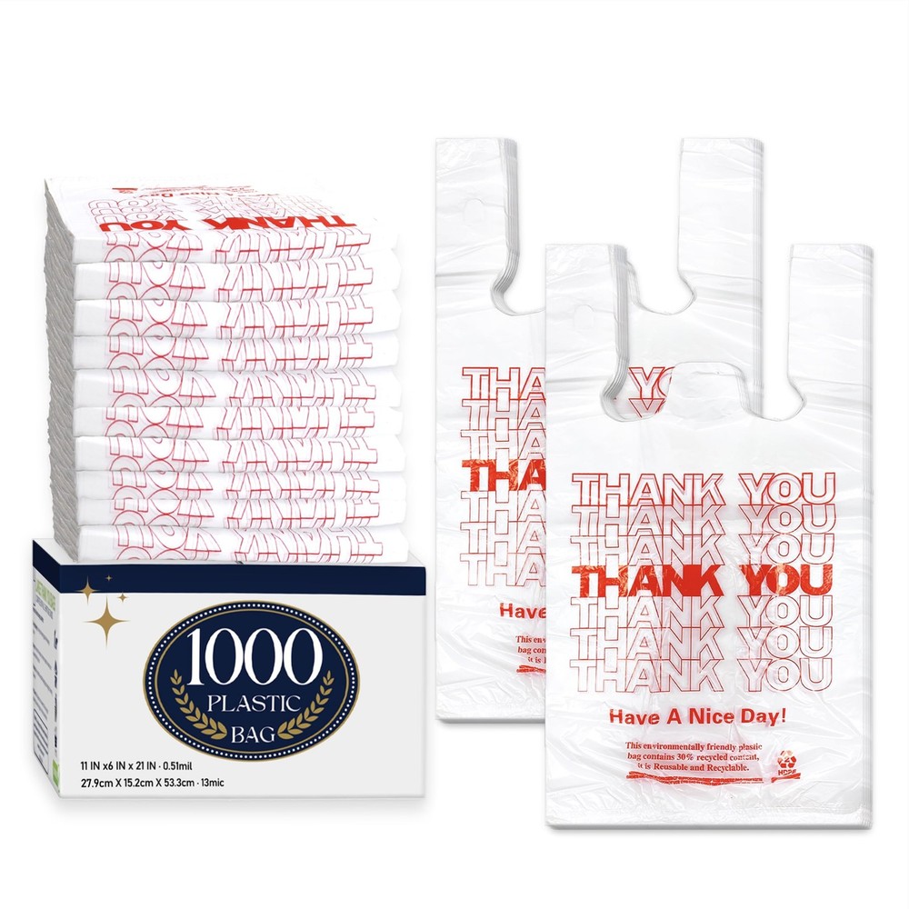 1000 Pack White Thank You T Shirt Bags Handles 11x6x21 Plastic Grocery Retail Ta