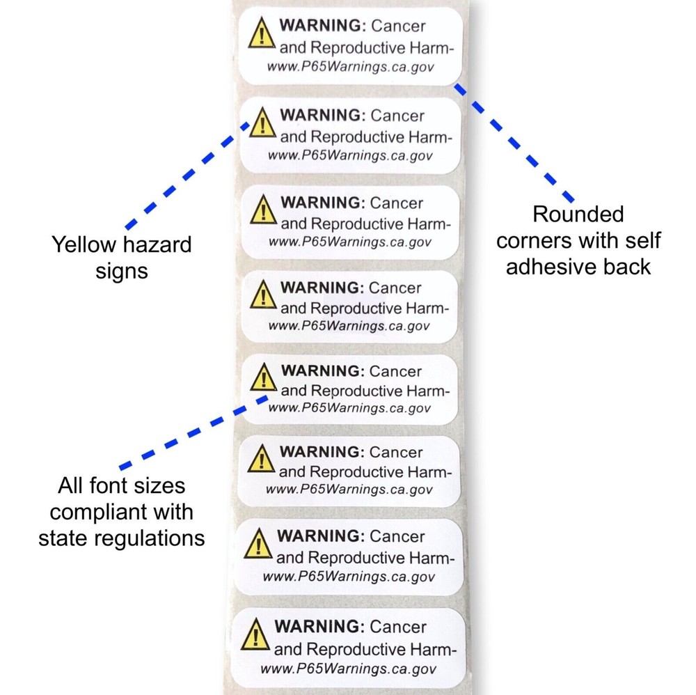 California Proposition Prop 65 Warning 2X1 Labels Rectangle 500 Glossy Stickers