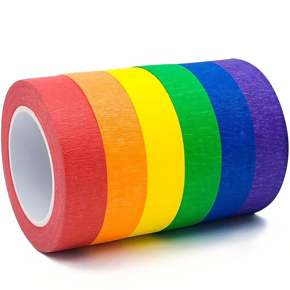 6 Rolls Colored Masking Tape，colored Red, orange, yellow, green, blue, purple