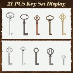 21PCS Hollow Skeleton Keys Antique Brass Zinc DieCast Decorative Furniture Lock