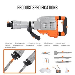 1700W Electric Demolition Jack Hammer 60J 1900 BPM Concrete Breaker 3 Chisels