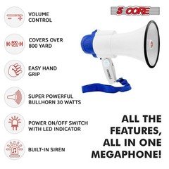5Core 30 W Megaphone Bullhorn Recording Police Siren Horn Handheld Loudhailer