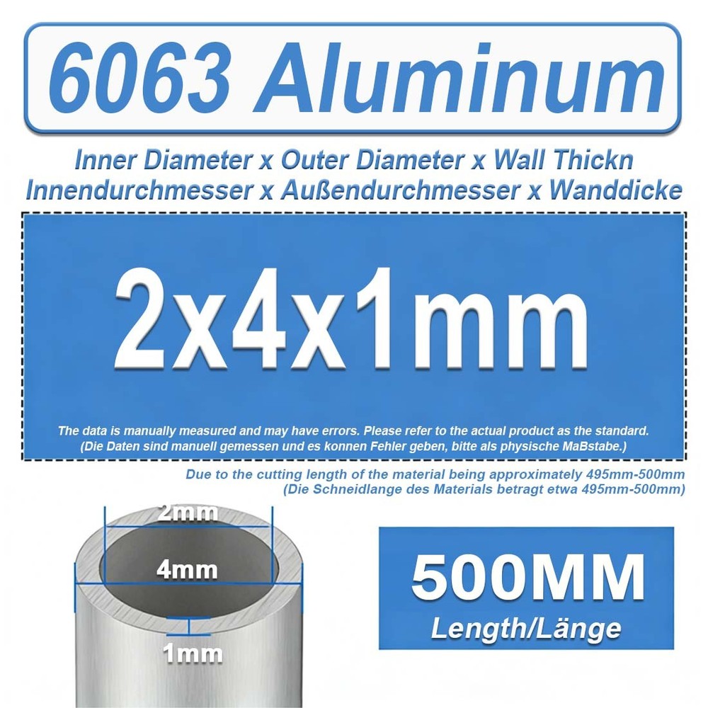 Aluminium Round Tube Pipe 1/1.5/2/2.5/3/4/4.5mm~10mm Wall Thickness 500mm Length
