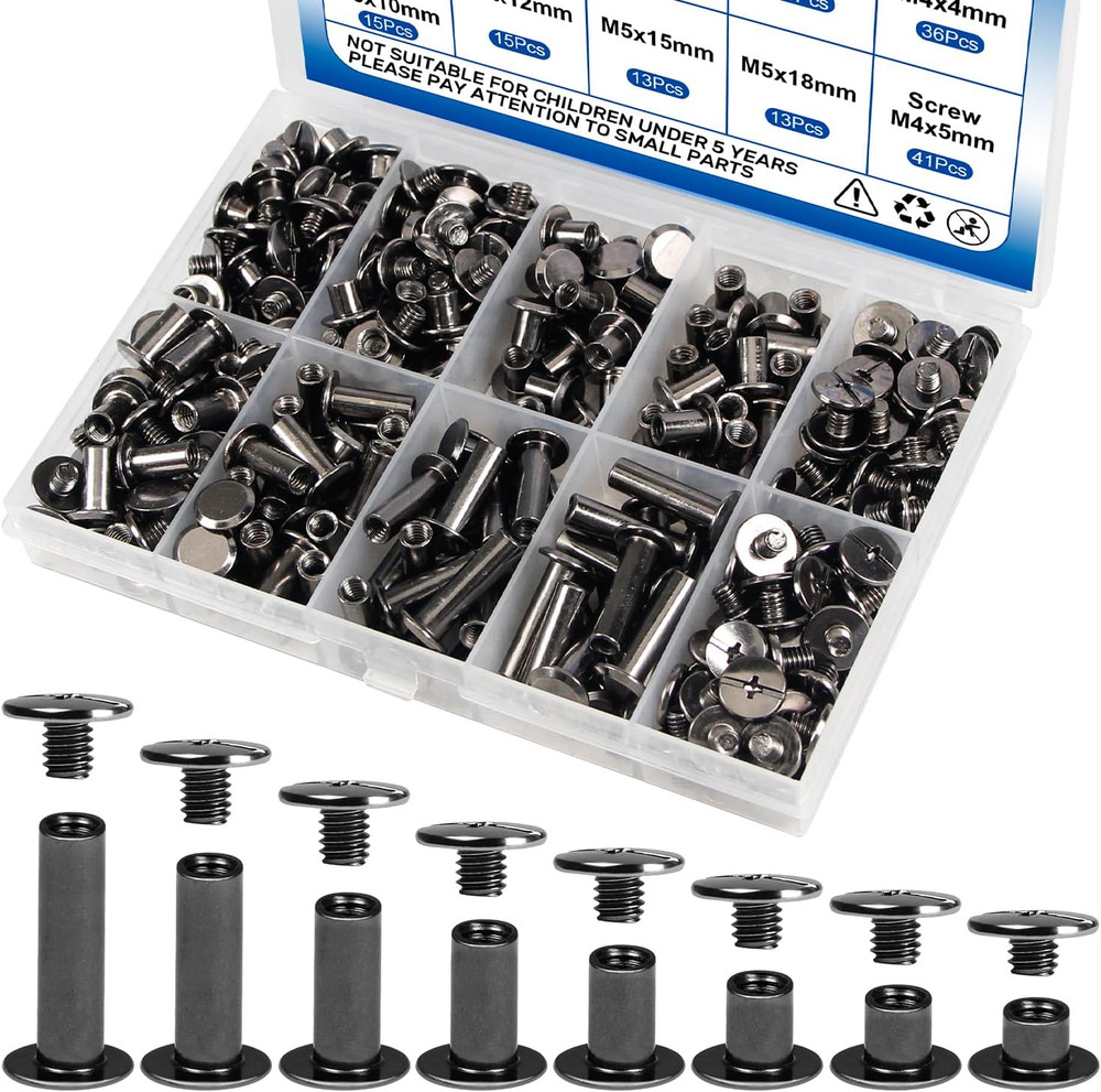 128 Sets Chicago Screws Kit Black Screw Rivets 8 Sizes Carbon Steel Binding Sc