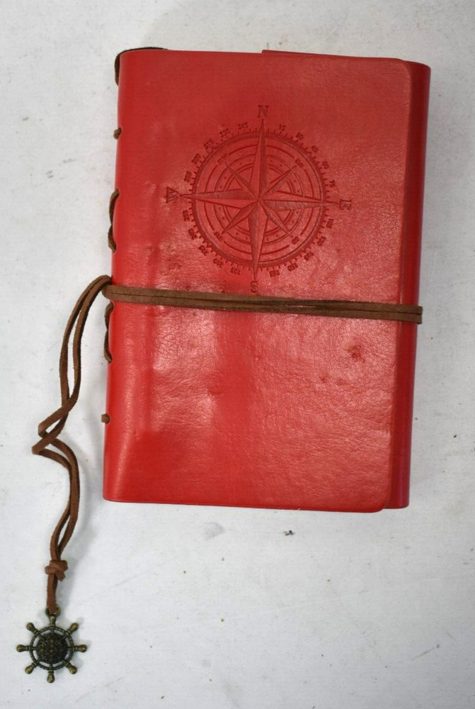 Compass Design Mini Notebook Journal Red Cover Leather w Compass Pendant