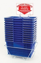 NEW 12 Standard Shopping Baskets – Chrome Handles – Metal Stand and Sign – Blue
