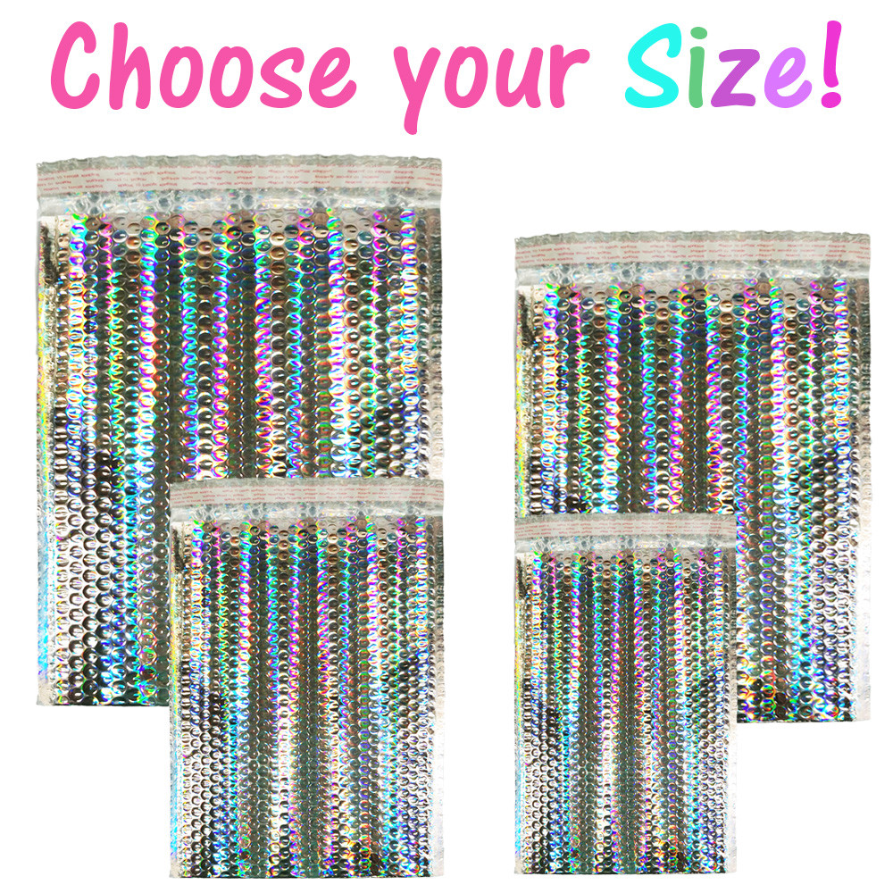 5-100 Pack Holographic Bubble Mailers, 4 sizes Metallic Glamour Padded Envelopes