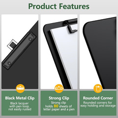 2 Pack Black Plastic Clipboard 8.5 x 11 with Pen Holder and Low Profile Clip