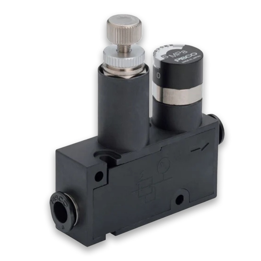 PISCO RVUM6‑6 Inline Mini Pressure Regulator 6 mm Push‑In Union 0–0.8 MPa Gauge