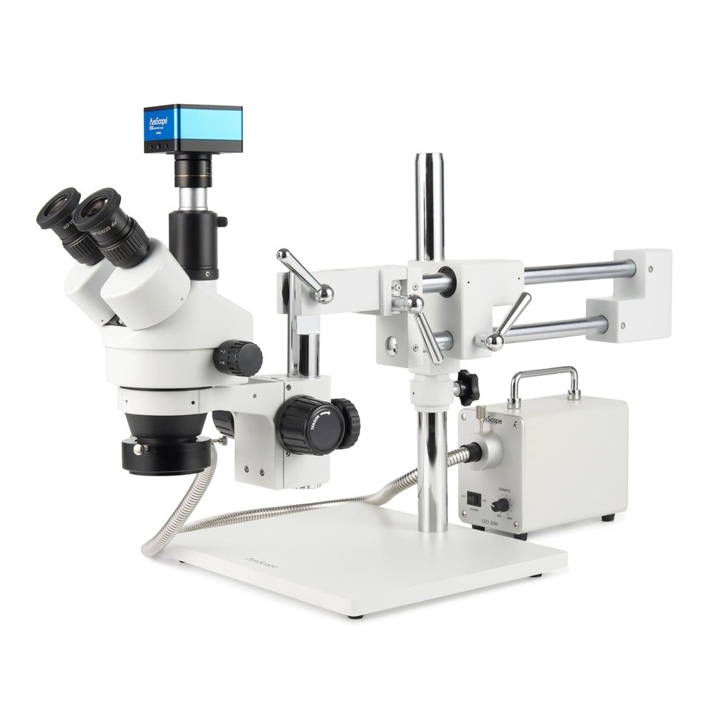 AmScope 7X-135X Trinocular Stereo Boom Microscope+4K 8MP HDMI Camera + Fiber LED