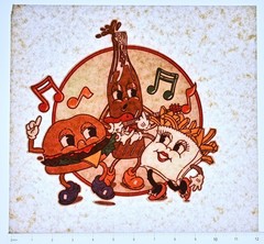 Original VINTAGE 1970s Heat Transfer | Burger Fries Soda Band Cartoon