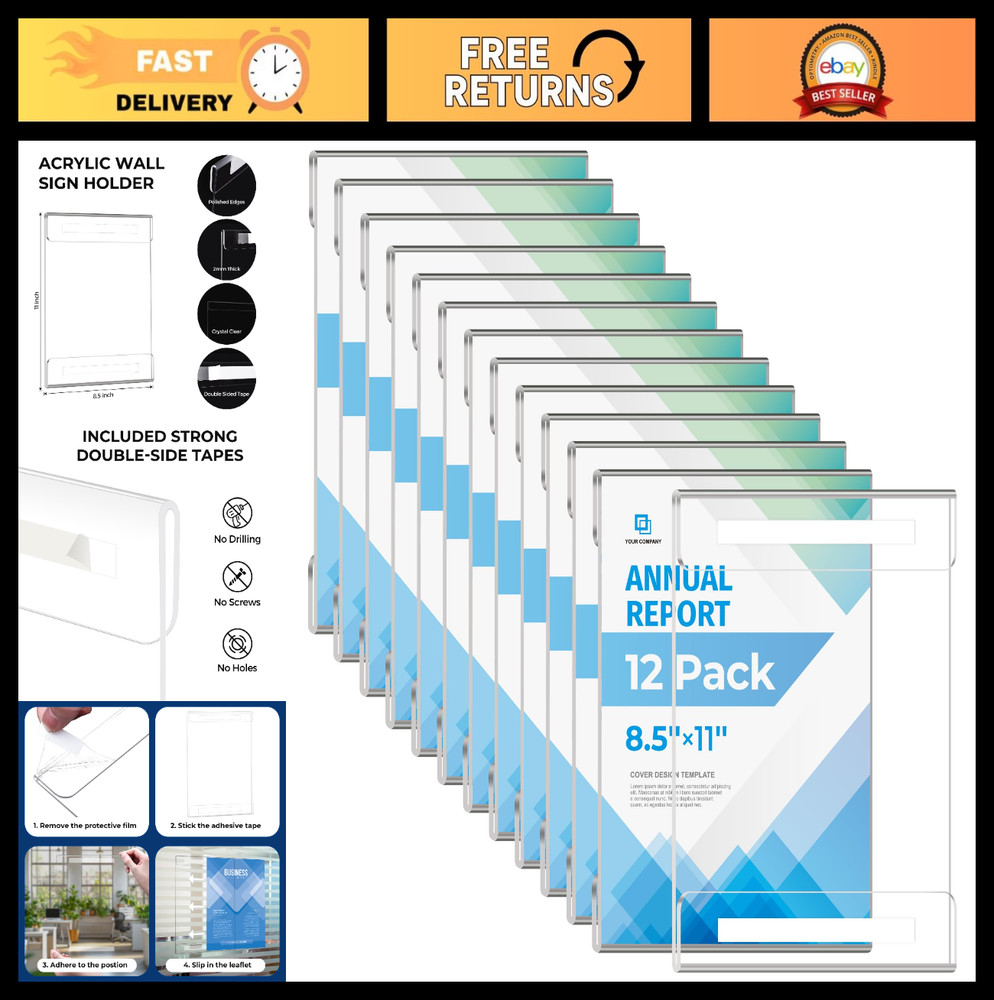12 Pack Wall Mount Acrylic Sign Holders 8.5×11 – No Drill Photo Menu Display Fra