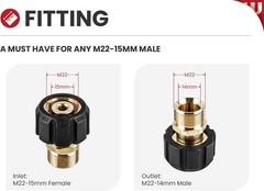 WOJET Pressure Washer Adapter, M22 15mm Female Thread to 14mm Male Gold