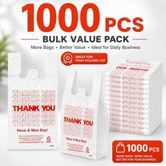 YoYoRain 1000 Pack White Thank You T-Shirt Bags with Handles, 11″x6″x21″ Plas…