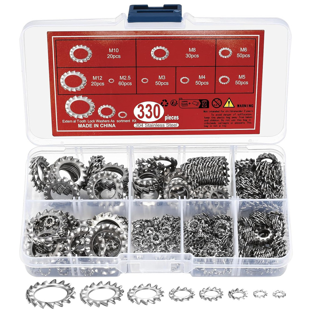 330 Pcs External Tooth Star Lock Washers, Stainless Steel External Starlock