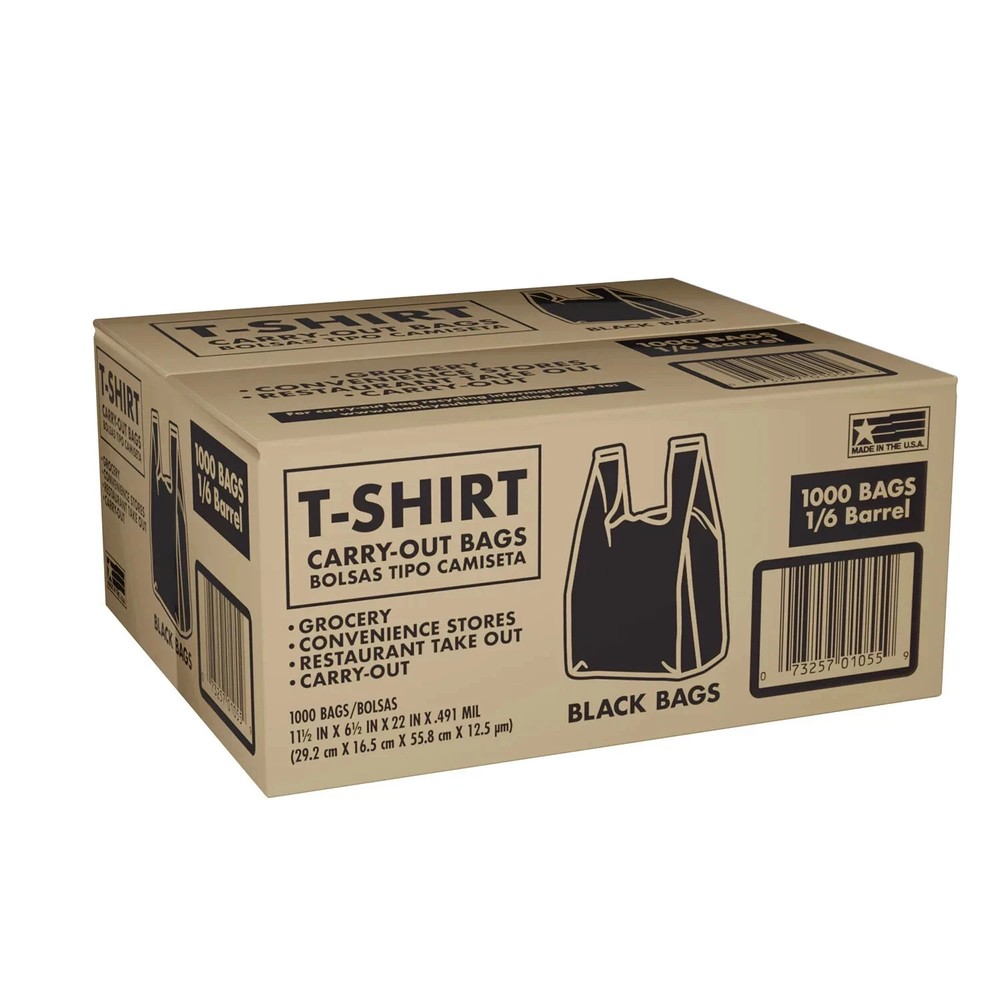 Black T-Shirt Carryout Bags, 11.5″ x 6.5″ x 22″ (1,000 ct.)